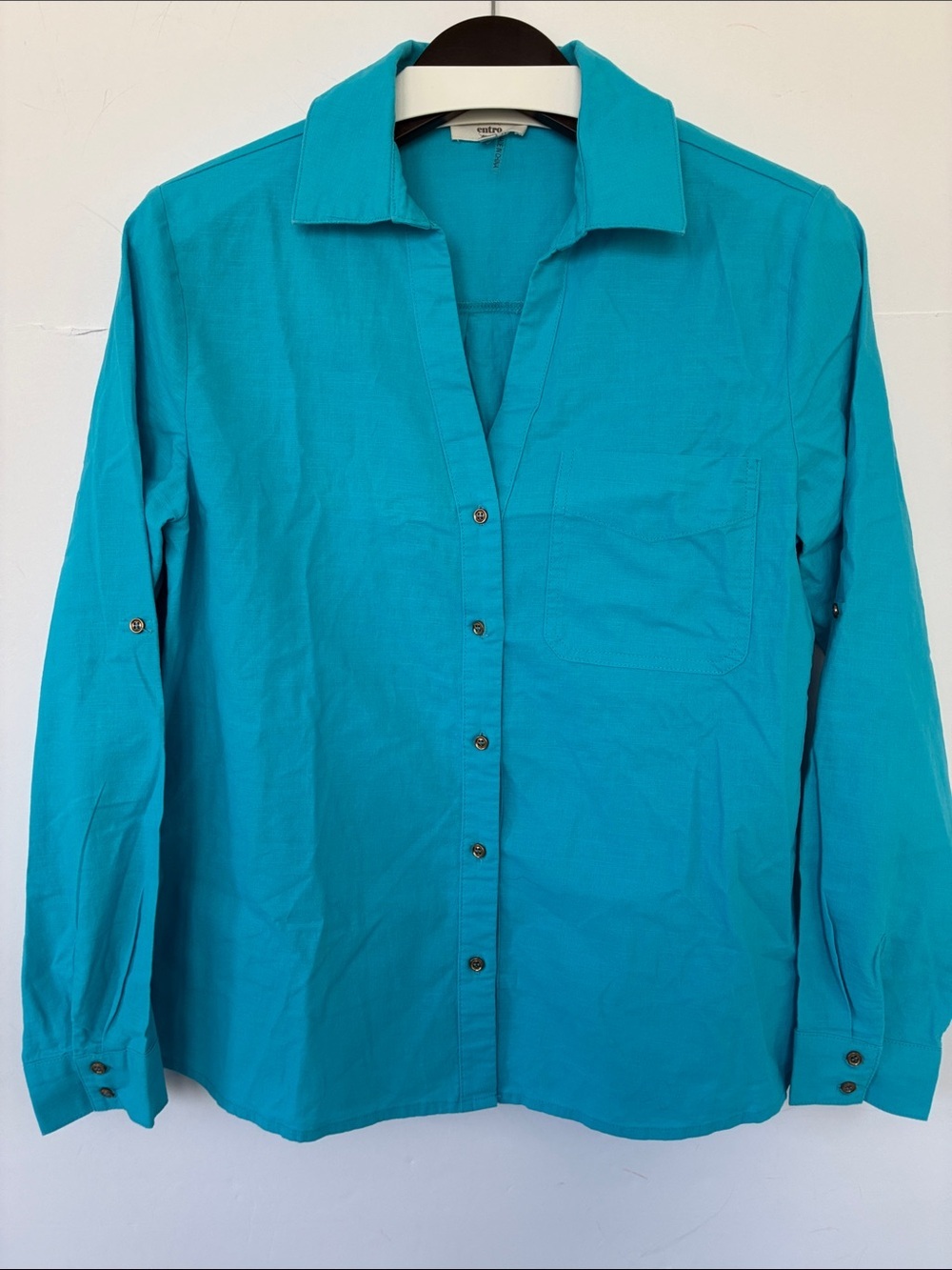 entro Teal/Turquoise Blue Button Front Shirt Top V-Neck Small Cotton Linen Blend